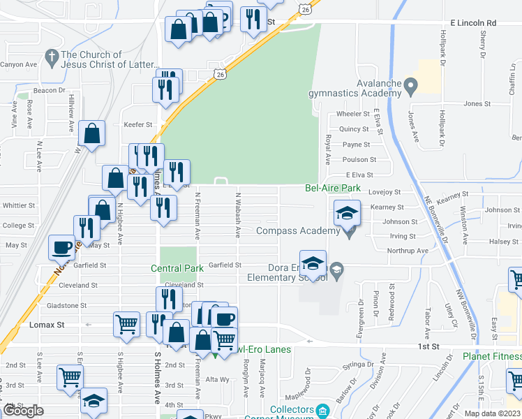 map of restaurants, bars, coffee shops, grocery stores, and more near 756 Whittier Street in Idaho Falls