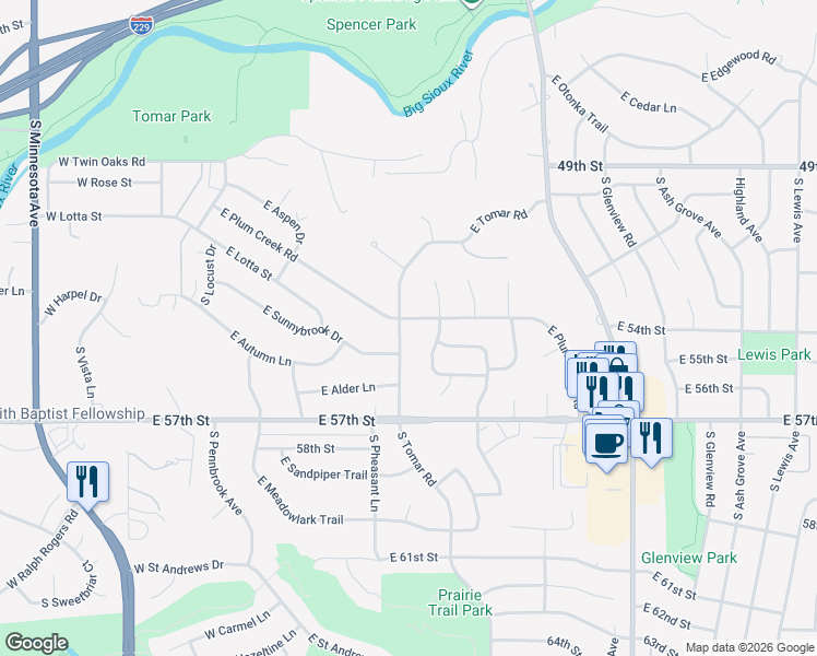 map of restaurants, bars, coffee shops, grocery stores, and more near 4501-4603 E Tomar Rd in Sioux Falls