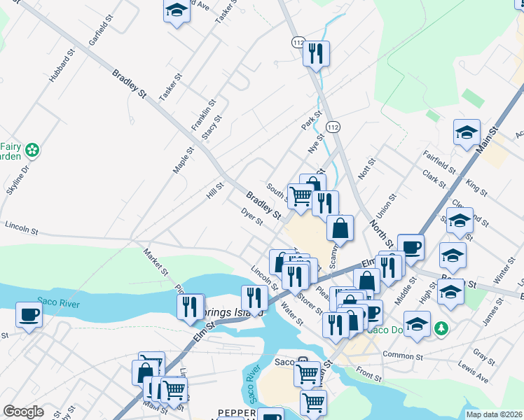 map of restaurants, bars, coffee shops, grocery stores, and more near 24 Bradley Street in Saco