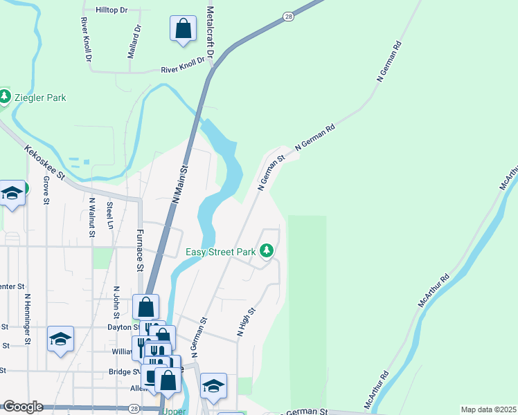 map of restaurants, bars, coffee shops, grocery stores, and more near 448 North German Street in Mayville