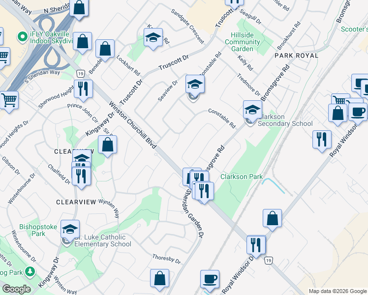 map of restaurants, bars, coffee shops, grocery stores, and more near 2667 Sherhill Drive in Mississauga