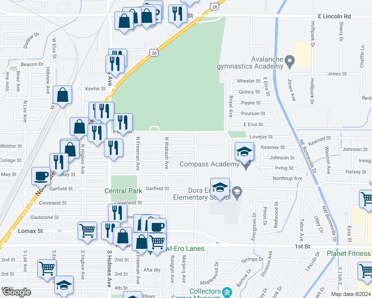 map of restaurants, bars, coffee shops, grocery stores, and more near 776 Whittier Street in Idaho Falls