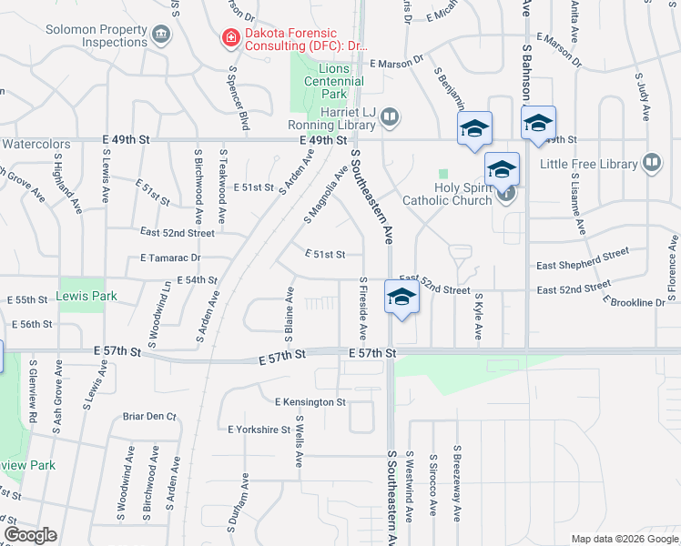 map of restaurants, bars, coffee shops, grocery stores, and more near 2900 East 52nd Street in Sioux Falls