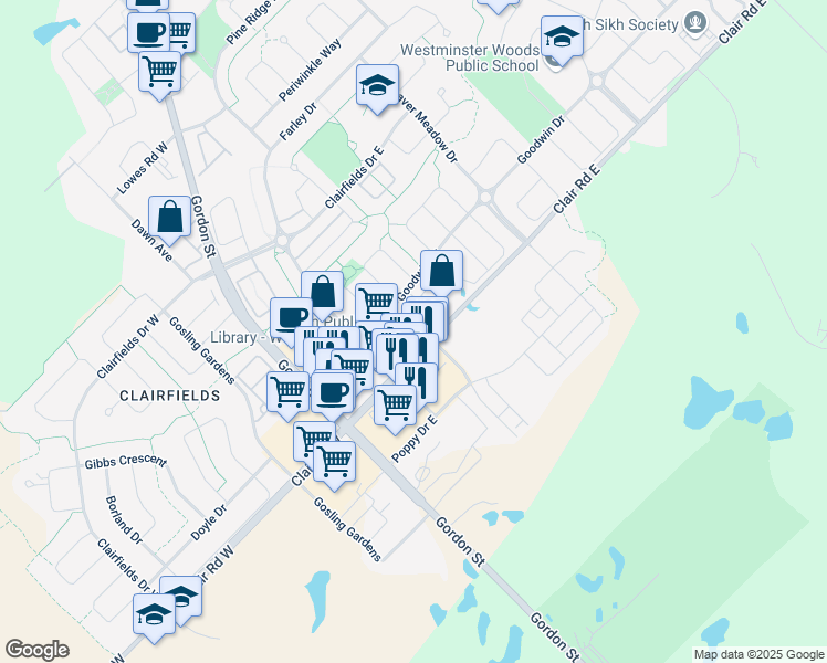 map of restaurants, bars, coffee shops, grocery stores, and more near 45 Goodwin Drive in Guelph
