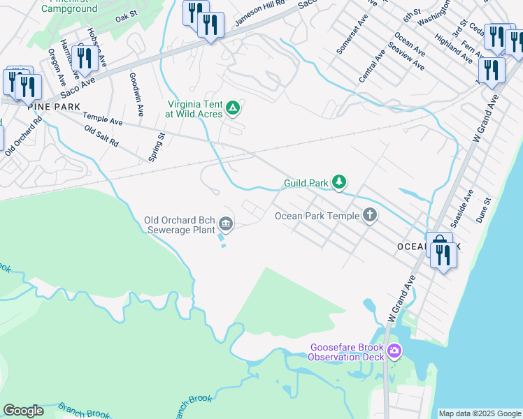 map of restaurants, bars, coffee shops, grocery stores, and more near Ocean Pines Drive in Saco