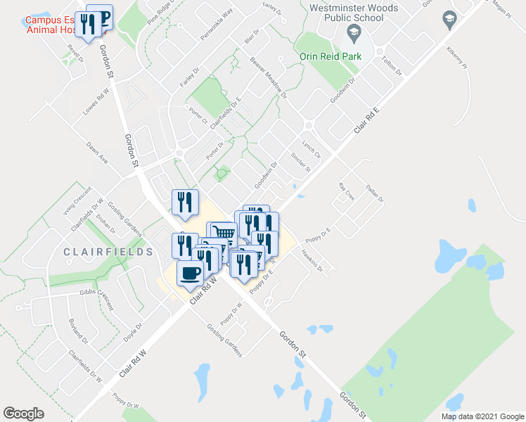 map of restaurants, bars, coffee shops, grocery stores, and more near 45 Goodwin Drive in Guelph