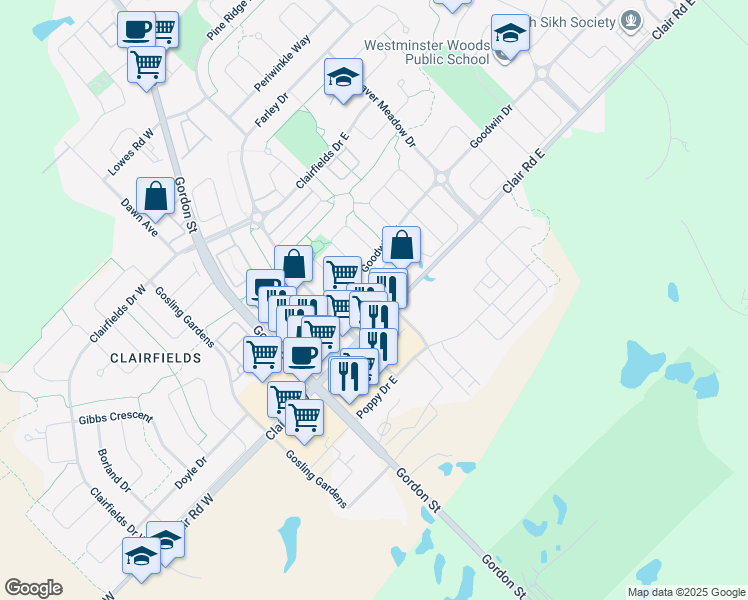 map of restaurants, bars, coffee shops, grocery stores, and more near 45 Goodwin Drive in Guelph