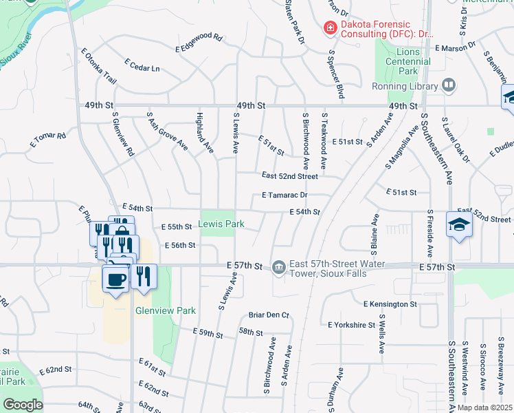 map of restaurants, bars, coffee shops, grocery stores, and more near 2000 East 54th Street in Sioux Falls