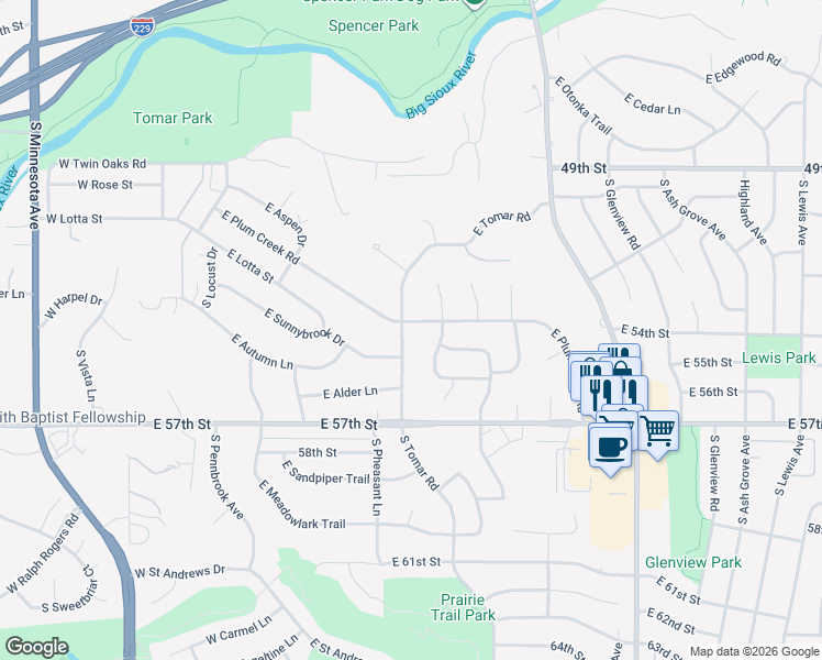 map of restaurants, bars, coffee shops, grocery stores, and more near 4501-4603 E Tomar Rd in Sioux Falls