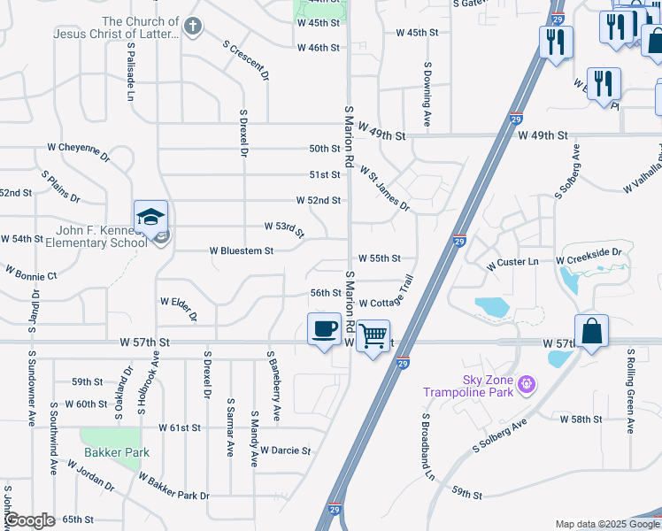 map of restaurants, bars, coffee shops, grocery stores, and more near W Sunnydale Pl in Sioux Falls