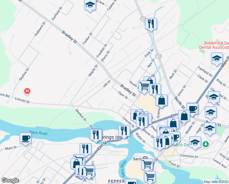 map of restaurants, bars, coffee shops, grocery stores, and more near 44-46 Dyer Street in Saco