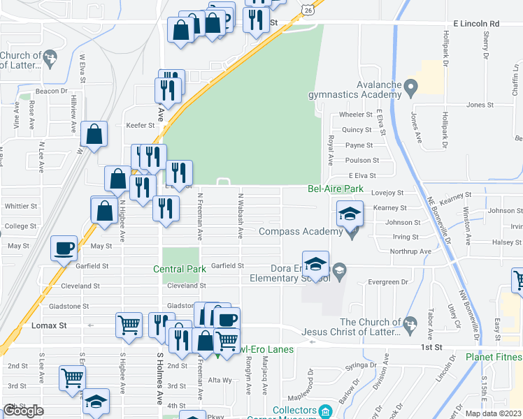 map of restaurants, bars, coffee shops, grocery stores, and more near 758 Whittier Street in Idaho Falls