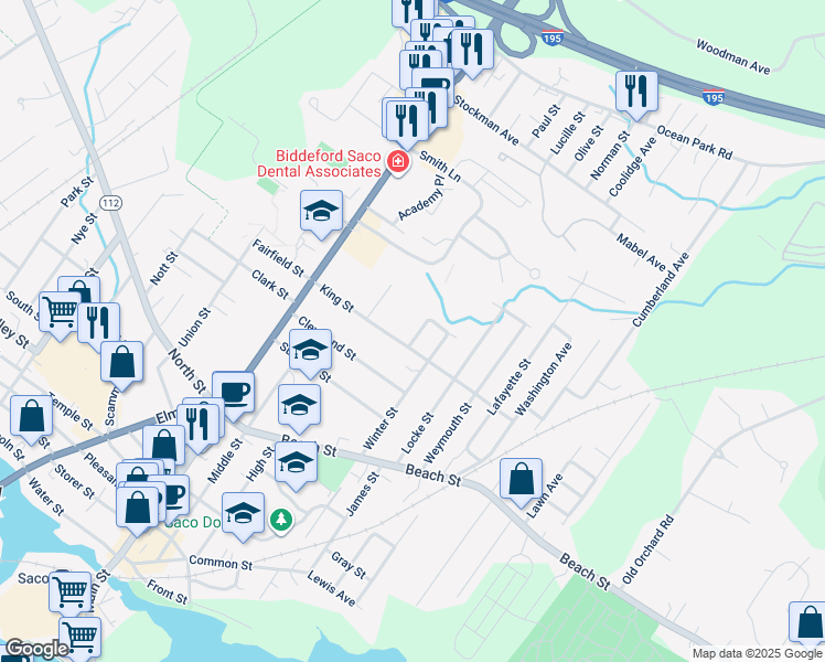 map of restaurants, bars, coffee shops, grocery stores, and more near 4 Winter Street Extension in Saco