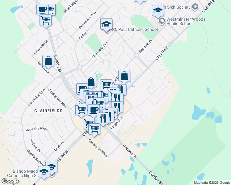 map of restaurants, bars, coffee shops, grocery stores, and more near 45 Goodwin Drive in Guelph