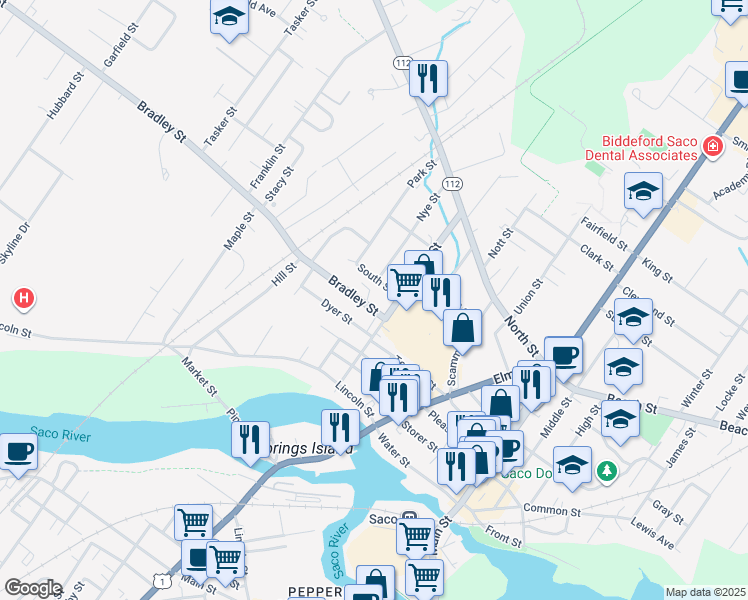 map of restaurants, bars, coffee shops, grocery stores, and more near 11 Bradley Street in Saco