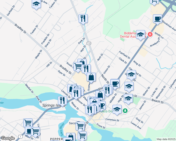 map of restaurants, bars, coffee shops, grocery stores, and more near 26 Mechanic Street in Saco