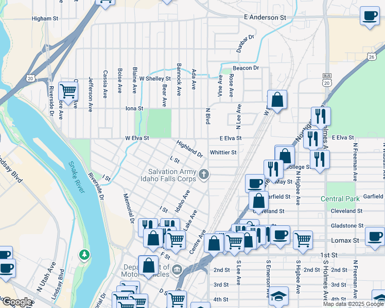 map of restaurants, bars, coffee shops, grocery stores, and more near 1580 Canal Avenue in Idaho Falls