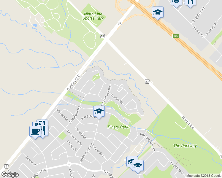 map of restaurants, bars, coffee shops, grocery stores, and more near 1530 Arrowhead Road in Oakville