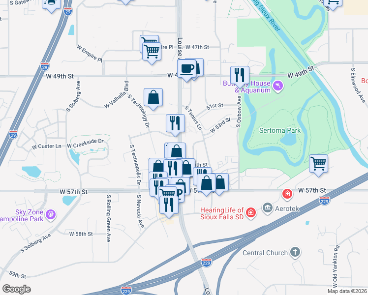 map of restaurants, bars, coffee shops, grocery stores, and more near 4608 South Louise Avenue in Sioux Falls
