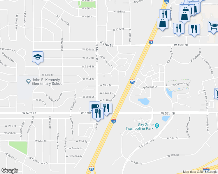 map of restaurants, bars, coffee shops, grocery stores, and more near 5105 West 55th Street in Sioux Falls