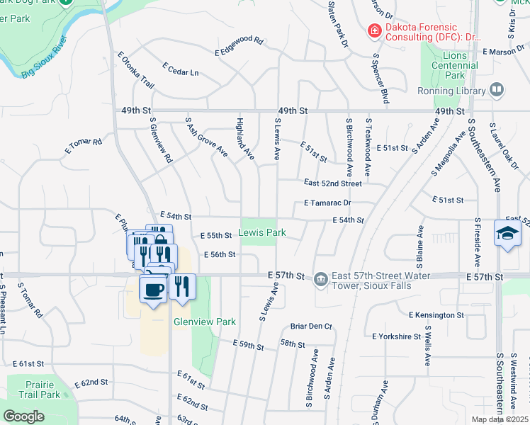 map of restaurants, bars, coffee shops, grocery stores, and more near 4513 South Highland Avenue in Sioux Falls