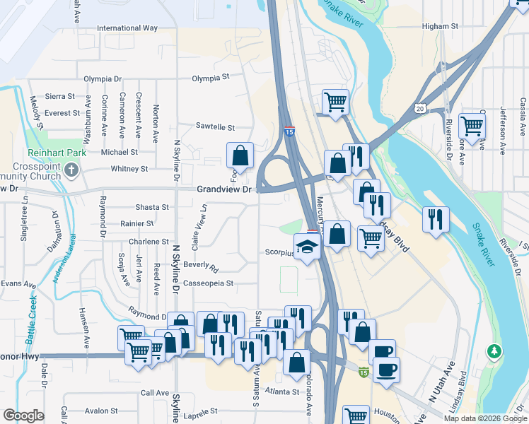 map of restaurants, bars, coffee shops, grocery stores, and more near 1487 Vega Circle in Idaho Falls