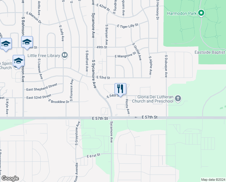 map of restaurants, bars, coffee shops, grocery stores, and more near 4630 East 54th Street in Sioux Falls