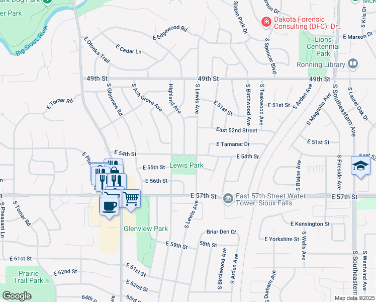 map of restaurants, bars, coffee shops, grocery stores, and more near 4513 South Highland Avenue in Sioux Falls
