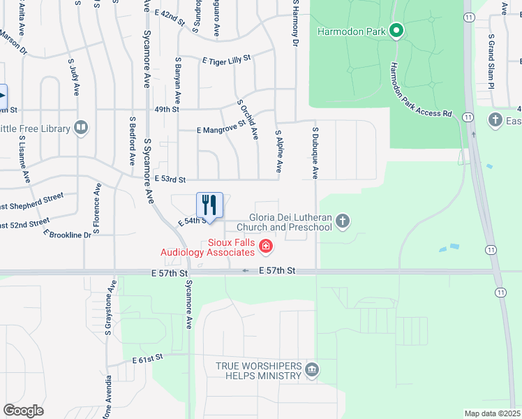 map of restaurants, bars, coffee shops, grocery stores, and more near 4800 54th Street in Sioux Falls