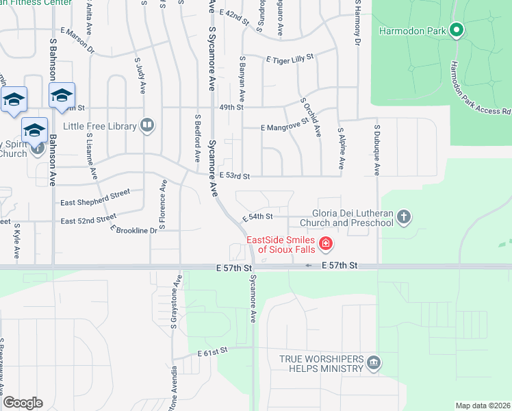 map of restaurants, bars, coffee shops, grocery stores, and more near 4630 East 54th Street in Sioux Falls