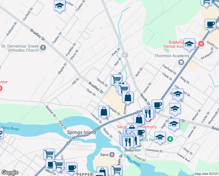 map of restaurants, bars, coffee shops, grocery stores, and more near Spring Street in Saco