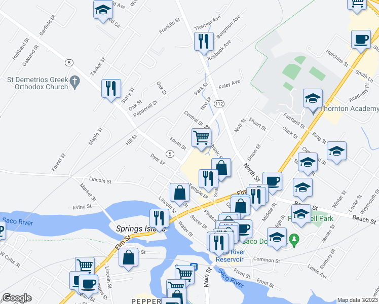 map of restaurants, bars, coffee shops, grocery stores, and more near Spring Street in Saco