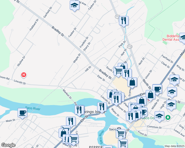 map of restaurants, bars, coffee shops, grocery stores, and more near 44-46 Dyer Street in Saco