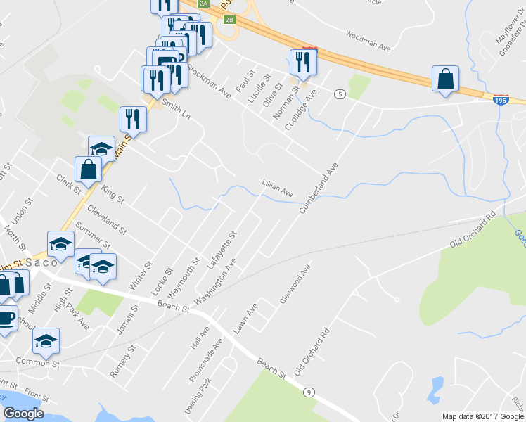 map of restaurants, bars, coffee shops, grocery stores, and more near 12 Grant St in Saco