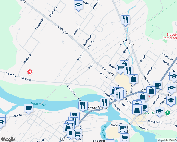 map of restaurants, bars, coffee shops, grocery stores, and more near 69 Hill Street in Saco