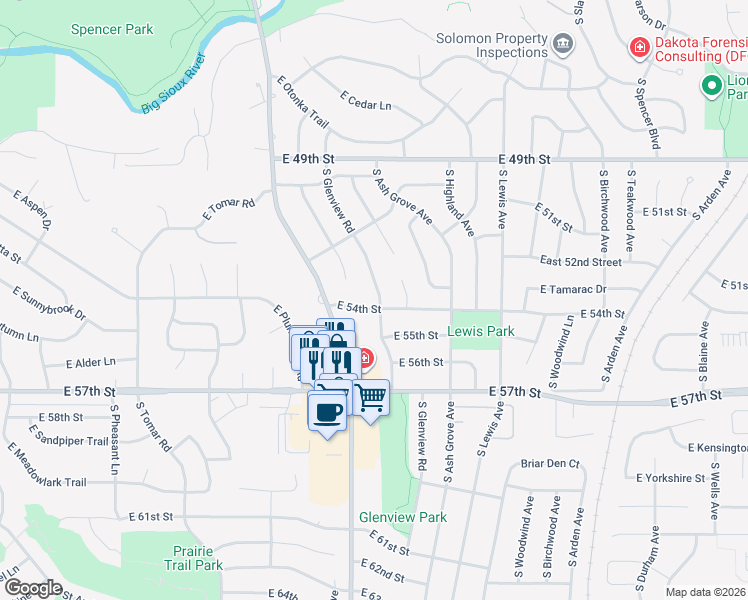 map of restaurants, bars, coffee shops, grocery stores, and more near 4517 South Glenview Road in Sioux Falls