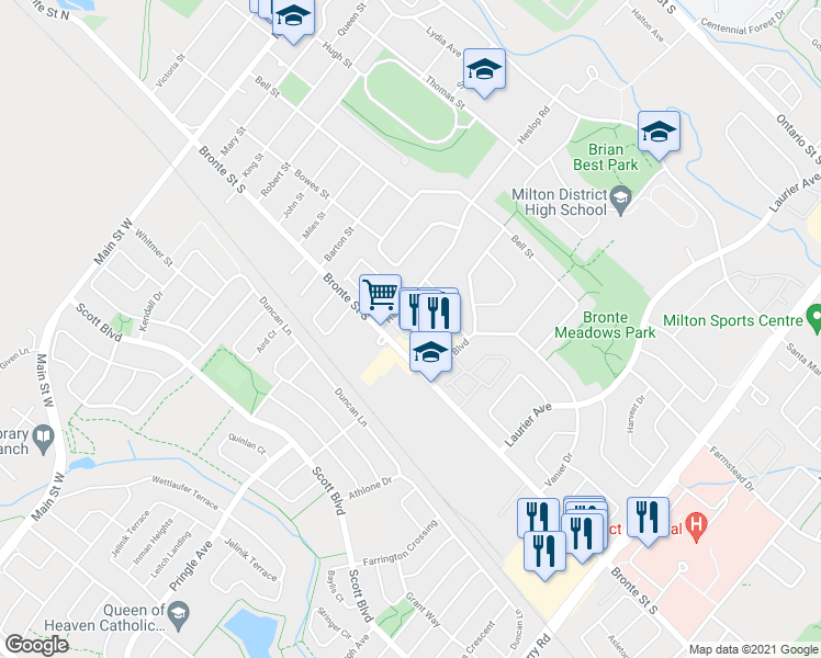 map of restaurants, bars, coffee shops, grocery stores, and more near 27 Heslop Road in Milton