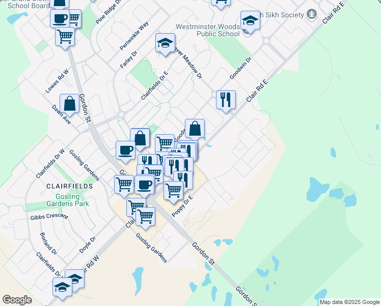 map of restaurants, bars, coffee shops, grocery stores, and more near 113 Clair Road East in Guelph