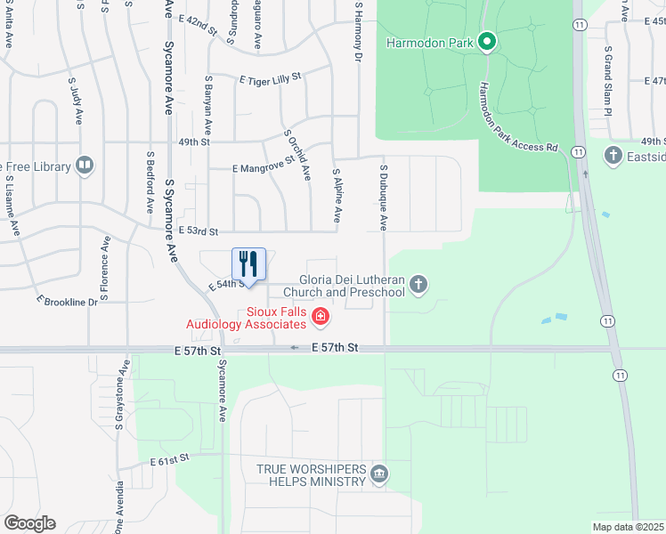 map of restaurants, bars, coffee shops, grocery stores, and more near 4940 East 54th Street in Sioux Falls