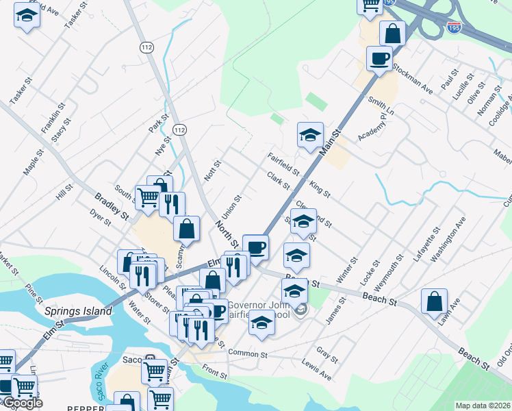 map of restaurants, bars, coffee shops, grocery stores, and more near 392 Main Street in Saco