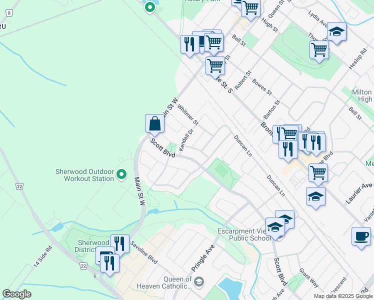 map of restaurants, bars, coffee shops, grocery stores, and more near 263 Holloway Terrace in Milton