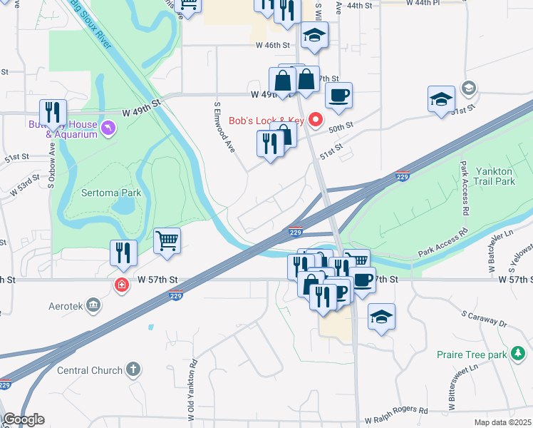 map of restaurants, bars, coffee shops, grocery stores, and more near 2011 West Johnson Place in Sioux Falls