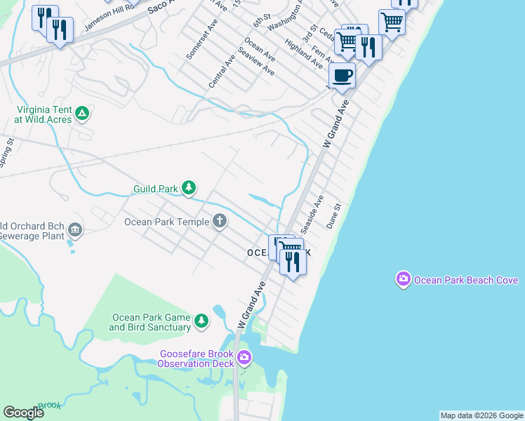 map of restaurants, bars, coffee shops, grocery stores, and more near 28 Oceana Avenue in Old Orchard Beach