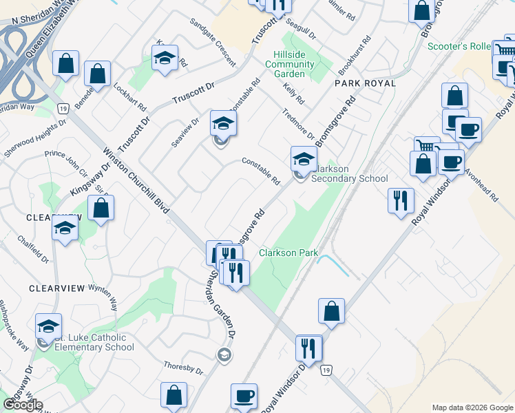 map of restaurants, bars, coffee shops, grocery stores, and more near in Mississauga