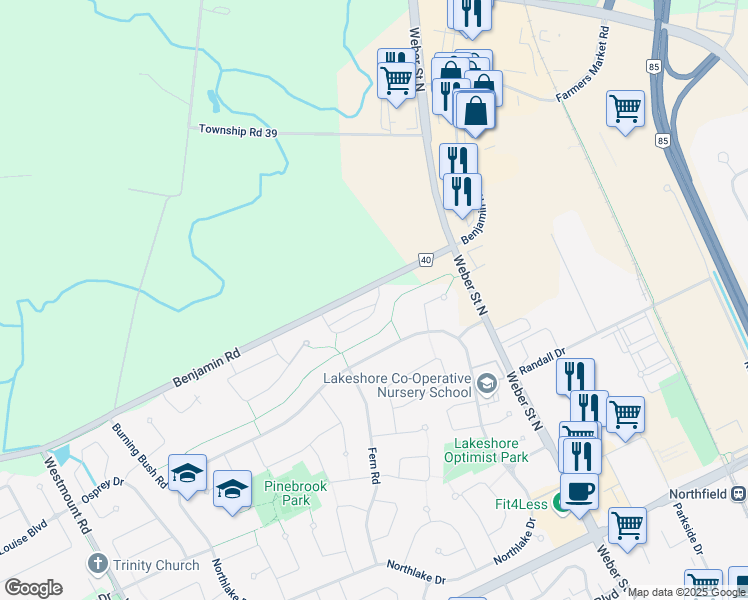 map of restaurants, bars, coffee shops, grocery stores, and more near 225 Benjamin Road in Waterloo
