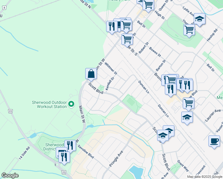 map of restaurants, bars, coffee shops, grocery stores, and more near in Milton