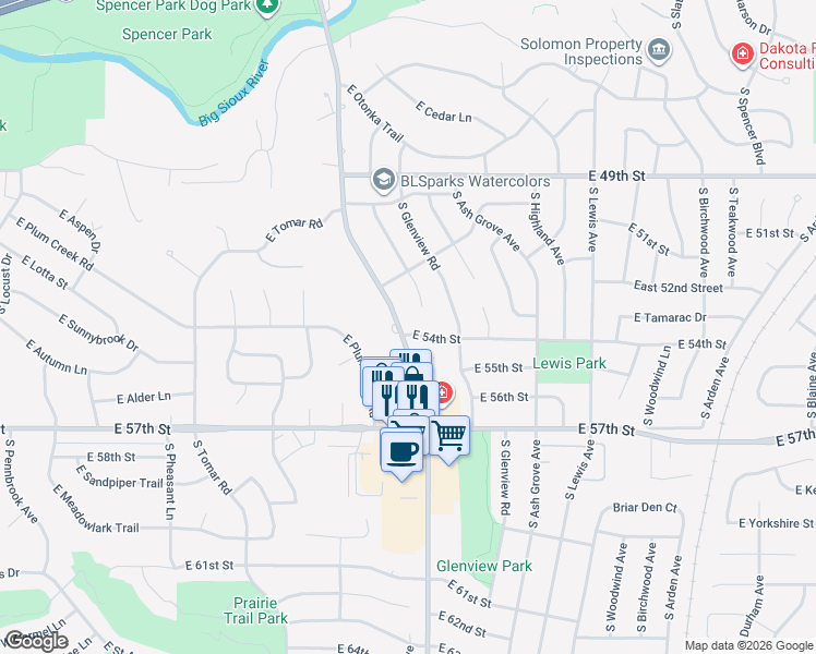 map of restaurants, bars, coffee shops, grocery stores, and more near 1300 East 54th Street in Sioux Falls