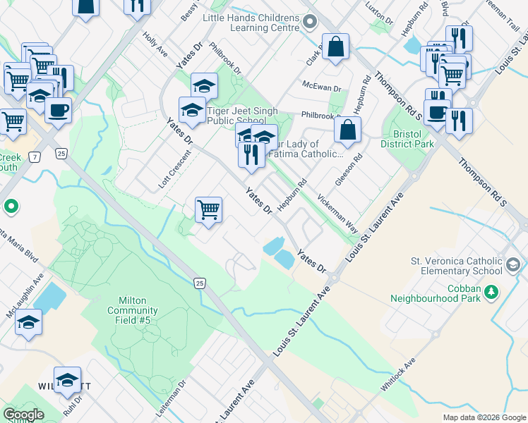 map of restaurants, bars, coffee shops, grocery stores, and more near 974 Penson Crescent in Milton