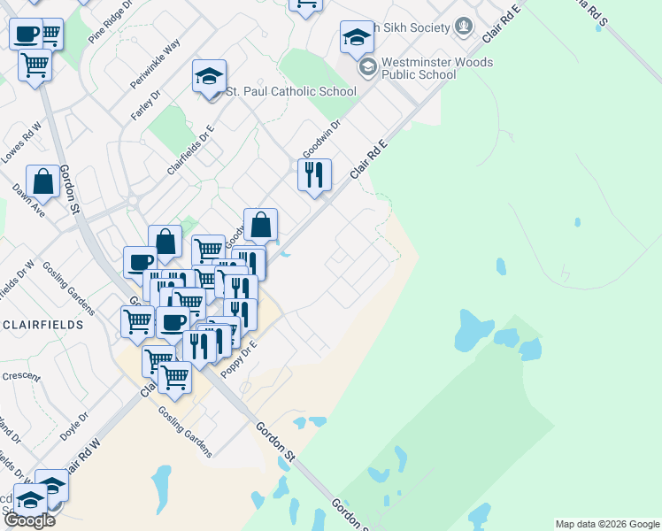map of restaurants, bars, coffee shops, grocery stores, and more near 181 Dallan Drive in Guelph