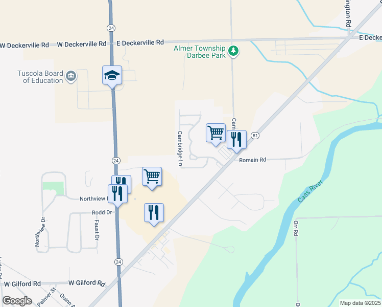 map of restaurants, bars, coffee shops, grocery stores, and more near 1303 Sugar Tree Court in Caro